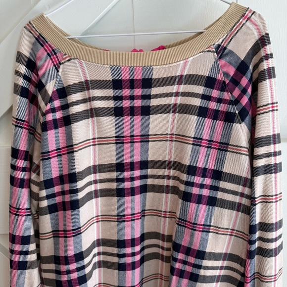 Crown & Ivy Women’s Cream/Pink/Navy Plaid Long Sleeve Scoop Neck Sweatshirt L - Picture 2 of 10
